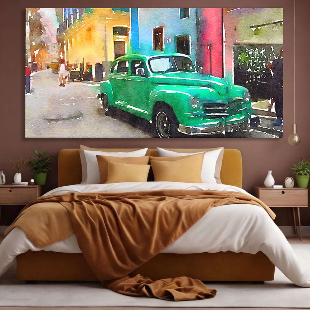 Tablou canvas cu tablou canvas cu masina de epoca, fara rama, pe sasiu de lemn, pe perete intr-un dormitor